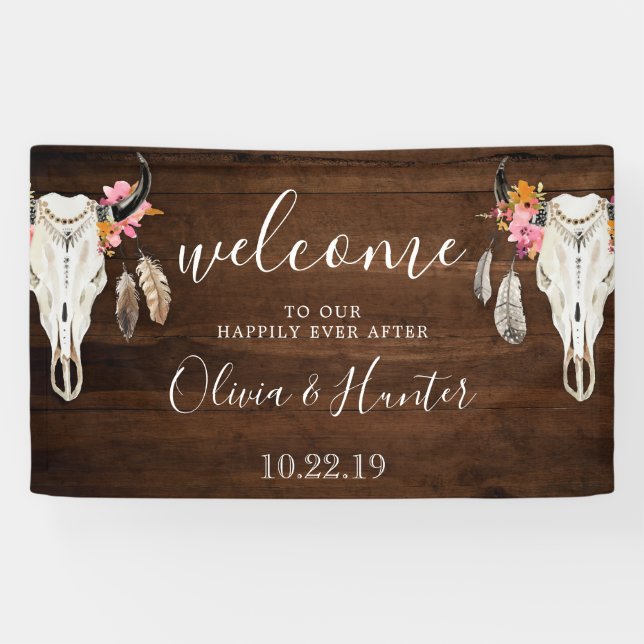 Lona Cartel de bienvenida de Boho Antler Skull Dark Woo (Horizontal)