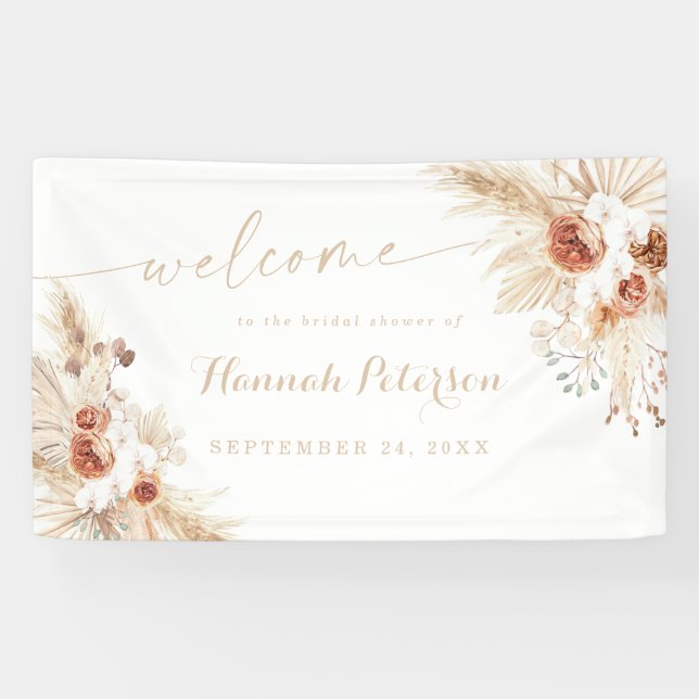 Lona Cartel de bienvenida de Boho Shower Pampas (Horizontal)