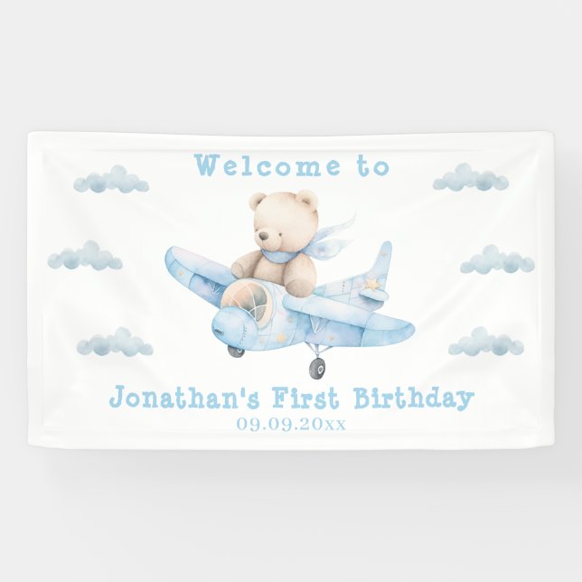 Lona Cartel de bienvenida de cumpleaños de Cute Teddy B (Horizontal)
