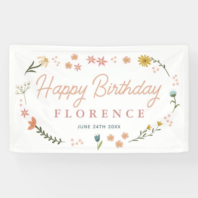 Lona Cartel de bienvenida de cumpleaños de flores silve (Horizontal)