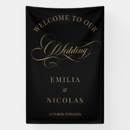 Lona Cartel de bienvenida para boda clásico Black Gold