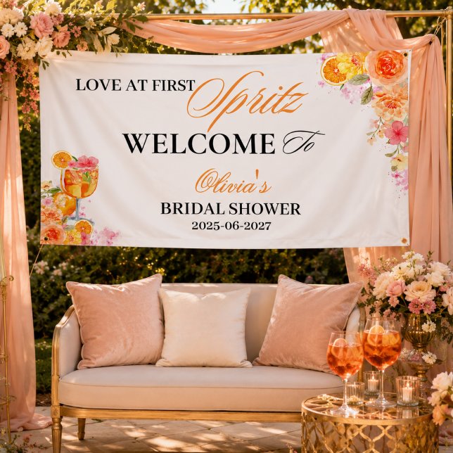 Lona Cartel de bienvenida para despedida de soltera Amo (Love at First Spritz Bridal Shower Welcome Banner)