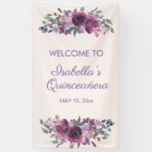 Lona Cartel de bienvenida Quinceañera floral acuarela p