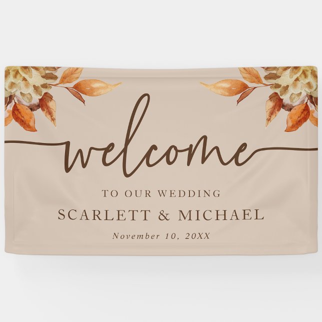Lona Cartel de bienvenida rústico para boda (Rustic Fall Leaves Welcome Wedding Banner by Painted Paperie
)