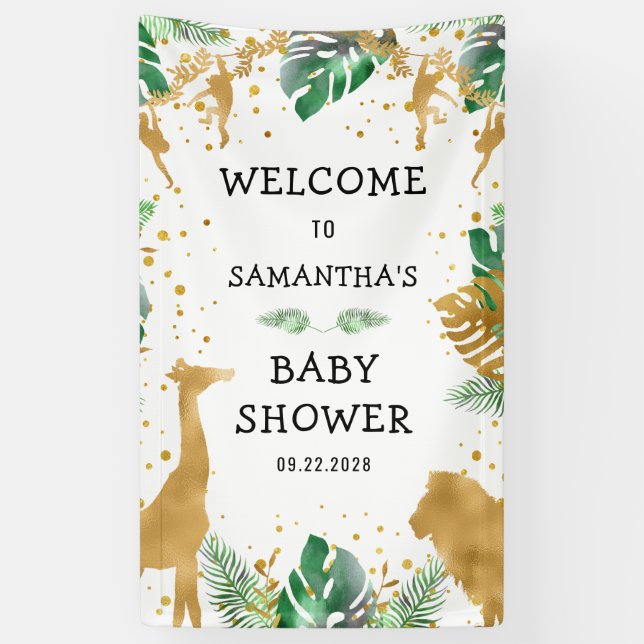Lona Cartel de bienvenida Safari Baby Shower Gold Green (Vertical)