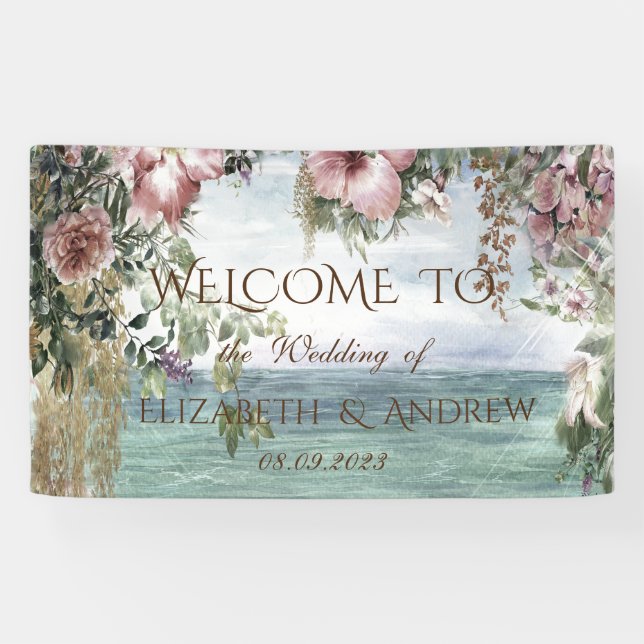 Lona Cartel de Boda Flores Chic Océano (Horizontal)