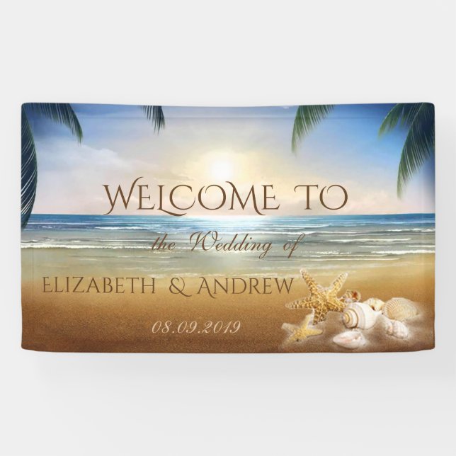 Lona Cartel de Boda Playa Tropical, Palmeras, Conchas M (Horizontal)