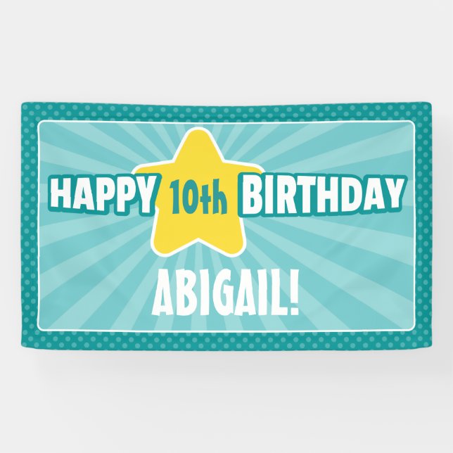 Lona Cartel de cualquier cumpleaños azul Aqua, una estr (Horizontal)