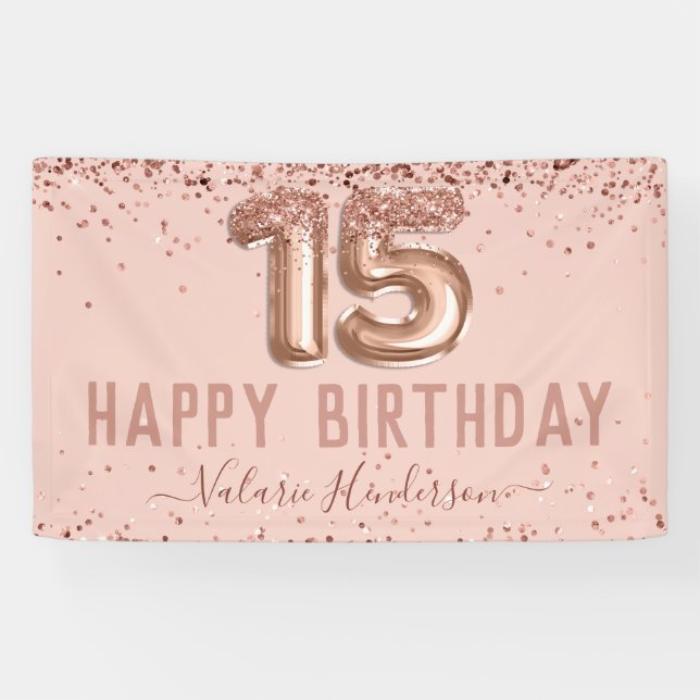 Lona Cartel de cumpleaños 15 de Rosa Gold Pink Happy (Horizontal)