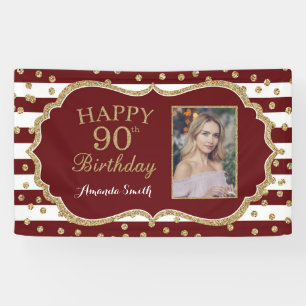 Lona Cartel de cumpleaños 90 - Borgoña y foto de oro