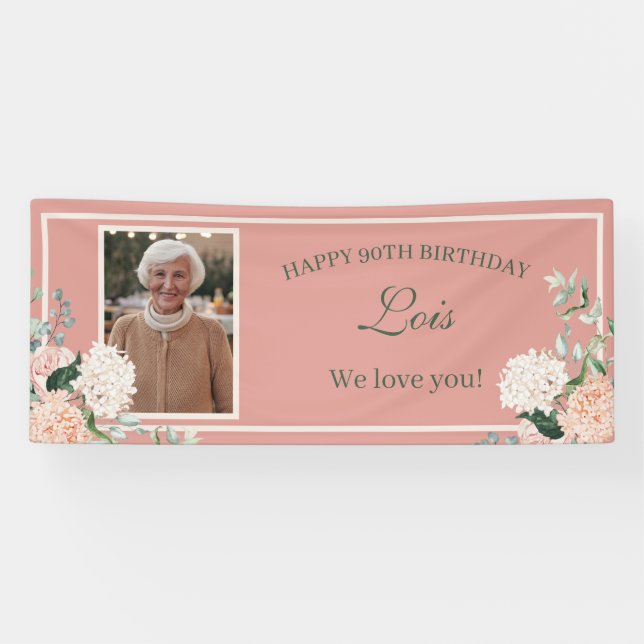 Lona Cartel de cumpleaños 90 de Floral Rosa (Horizontal)