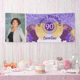 Lona Cartel de cumpleaños 90 del Purpurina púrpura y gl