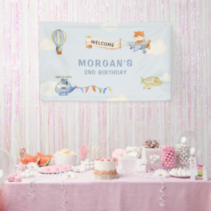 Lona Cartel de cumpleaños azul del avión de animales cu