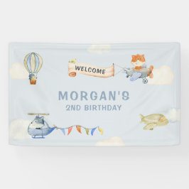 Lona Cartel de cumpleaños azul del avión de animales cu