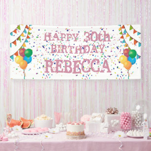 Lona Cartel de cumpleaños con texto rosado y confetti