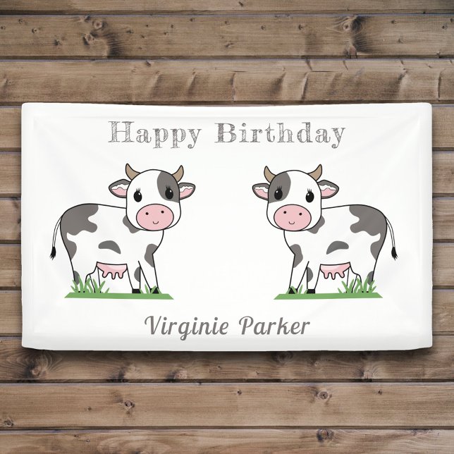 Lona Cartel de cumpleaños con vacas banales (Cute Cow Birthday Banner)