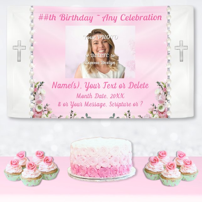 Lona Cartel de cumpleaños cristiano, cumpleaños de la e (Christian Birthday Party Ideas. personalized birthday banner with picture. Pink birthday banner.)