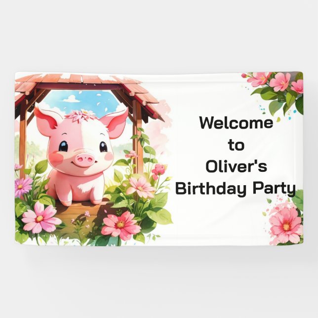 Lona Cartel de cumpleaños de animales de granja rosados (Horizontal)