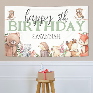 Lona Cartel de Cumpleaños de Animales del Bosque Dulce