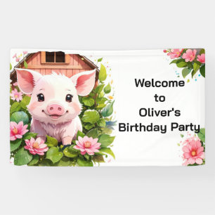 Lona Cartel de cumpleaños de Barnyard Bliss Pink Piggy
