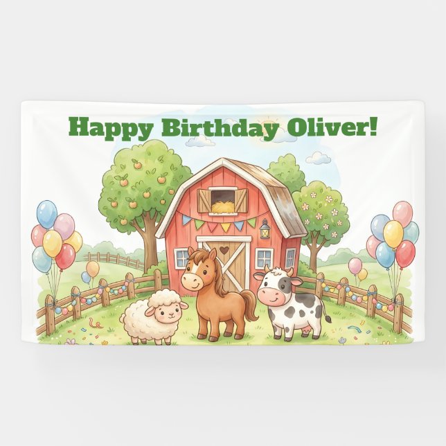 Lona Cartel de Cumpleaños de Granja Adorable (Horizontal)