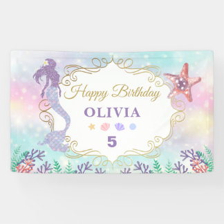Lona Cartel de cumpleaños de la sirena purpurina debajo