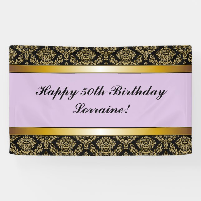 Lona Cartel de cumpleaños de Lavender Any Age Gold Dama (Horizontal)