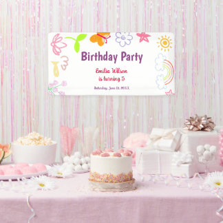 Lona Cartel de Cumpleaños de Niños Amarillo Púrpura