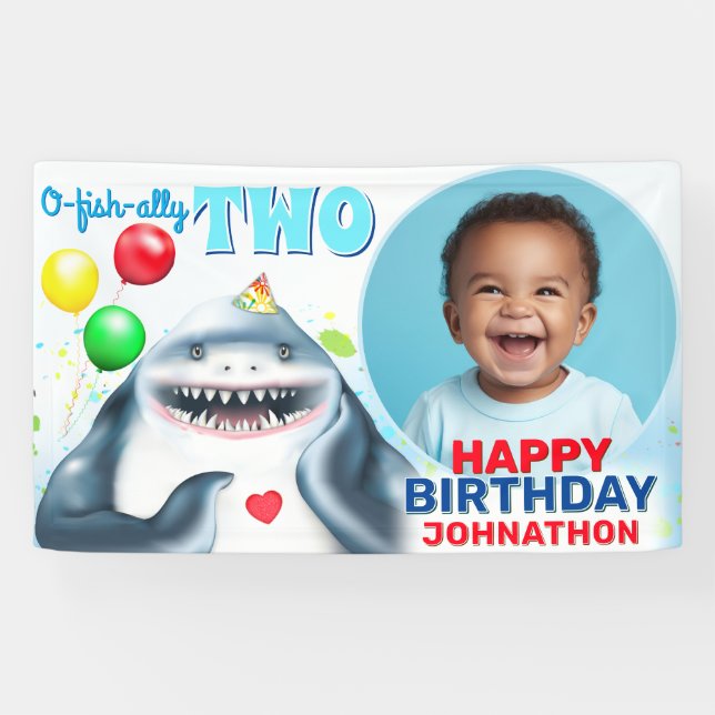 Lona Cartel de cumpleaños de niños con foto de tiburón (Horizontal)