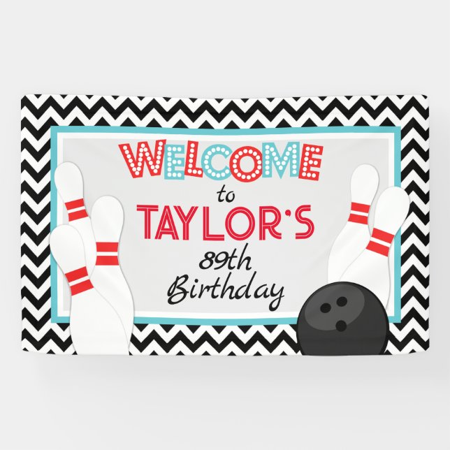 Lona Cartel de cumpleaños de Retro Chevron Bowling (Horizontal)