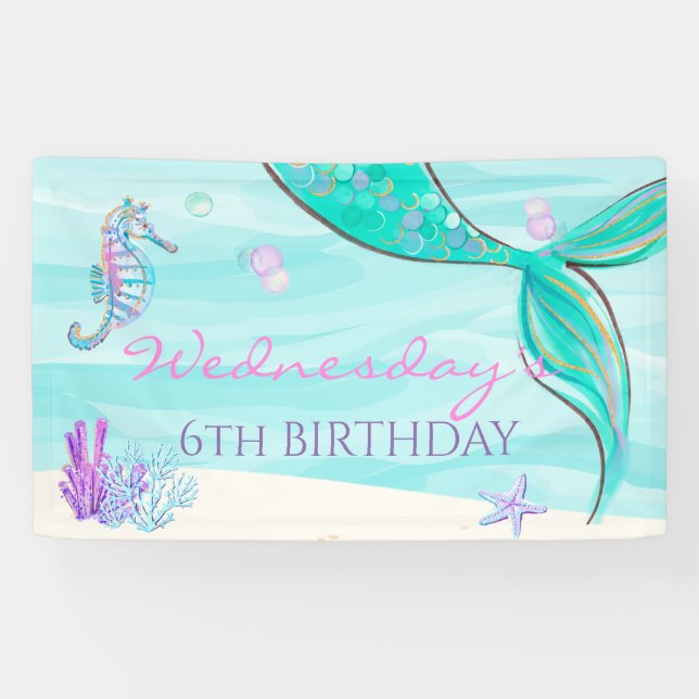 Lona Cartel de cumpleaños de Sirena bajo el mar (Horizontal)