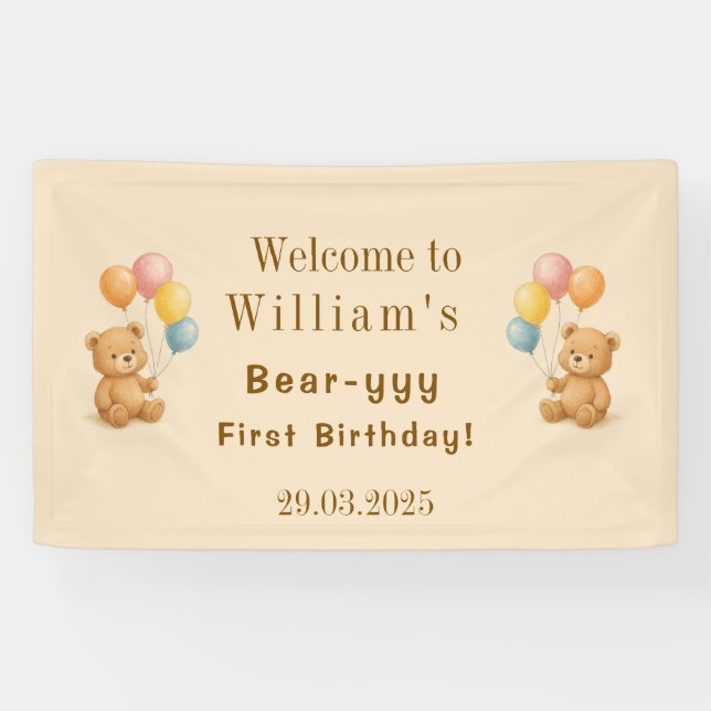 Lona Cartel de cumpleaños de Teddy Bear con globos past (Horizontal)