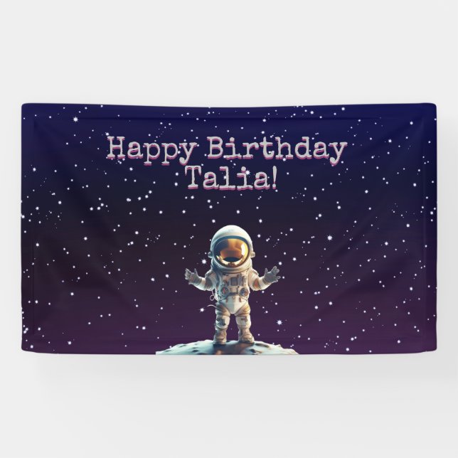 Lona Cartel de cumpleaños del espacio exterior púrpura (Horizontal)