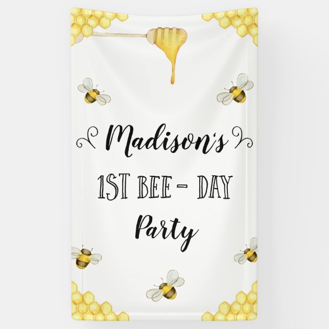 Lona Cartel de cumpleaños del primer día de las abejas (Vertical)