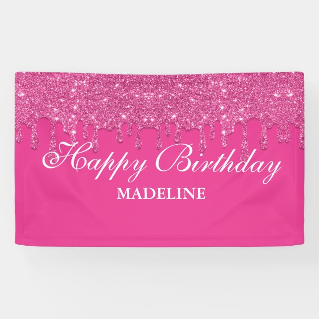 Lona Cartel de cumpleaños del Purpurina de goteo rosado (Horizontal)