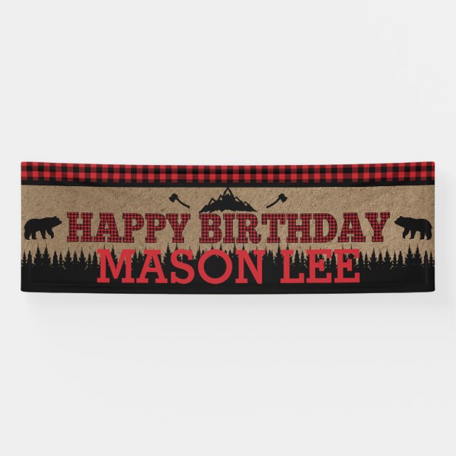 Lona Cartel de cumpleaños feliz de Buffalo Plaid Lumber (Horizontal)