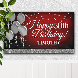 Lona Cartel de cumpleaños feliz de color rojo y plata P