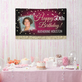 Lona Cartel de cumpleaños feliz de oro y rosado Purpuri