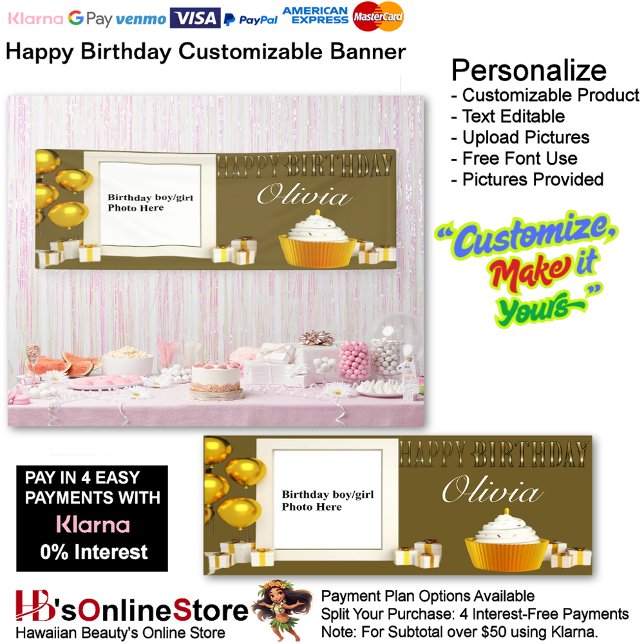 Lona Cartel de cumpleaños feliz de personalizable 5 (Happy Birthday Gold Party Supplies Celebrate Cupcake Presents 5.)