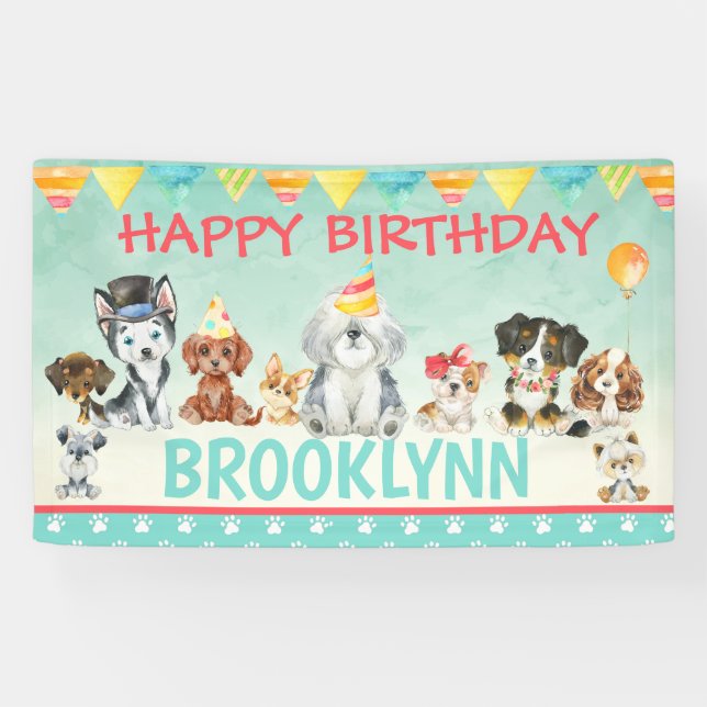 Lona Cartel de cumpleaños feliz de Puppy Dog Pawty (Horizontal)
