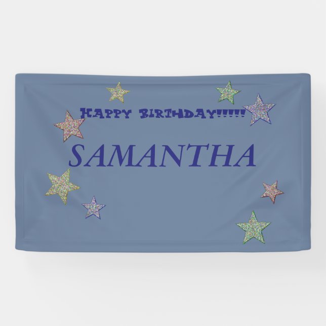 Lona Cartel de cumpleaños feliz de texto azul de estrel (Horizontal)
