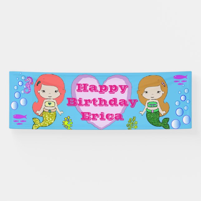Lona Cartel de cumpleaños feliz para sirena personaliza (Horizontal)