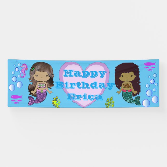 Lona Cartel de cumpleaños feliz para sirena personaliza (Horizontal)