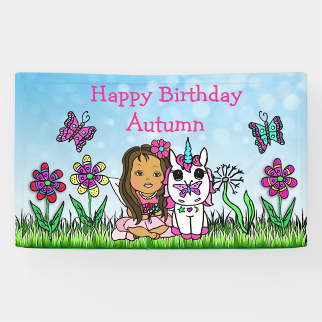 Lona Cartel de cumpleaños feliz Unicornio y hadas (Horizontal)