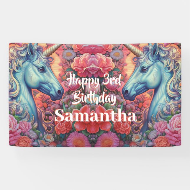 Lona Cartel de cumpleaños mágico de Unicornios (Horizontal)
