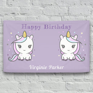 Lona Cartel de cumpleaños morado con cortés Unicornios