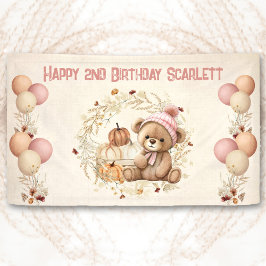 Lona Cartel de cumpleaños rosado-beige del Chica de Oso