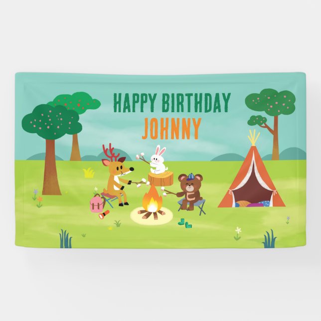 Lona Cartel de cumpleaños temática de camping (Horizontal)