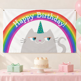 Lona Cartel de Feliz Cumpleaños Gato Lindo Arcoíris