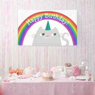 Lona Cartel de Feliz Cumpleaños Gato Lindo Arcoíris